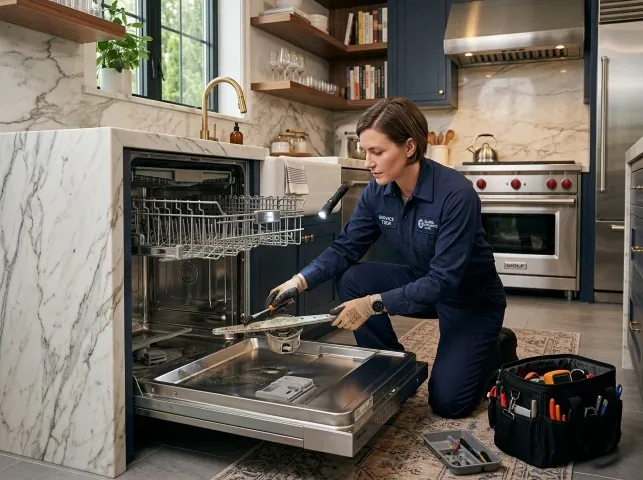 Appliance Repair Hero technician servicing a built-in dishwasher in a Broken Arrow, OK kitchen