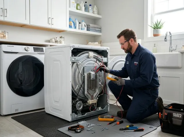 Appliance Repair Hero technician checking a dryer heating element with the rear panel off in Broken Arrow, OK