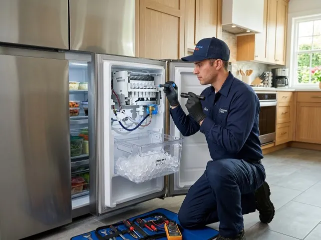 Appliance Repair Hero technician repairing a refrigerator ice maker in Broken Arrow, OK