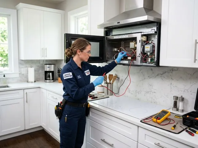 Appliance Repair Hero technician testing an over-the-range microwave in a Broken Arrow, OK kitchen