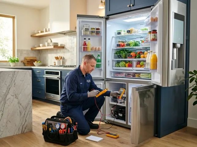 Appliance Repair Hero refrigerator technician testing a fridge on a Broken Arrow, OK service call