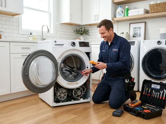 Appliance Repair Hero technician testing a front-load washer with a multimeter on a Broken Arrow, OK service call
